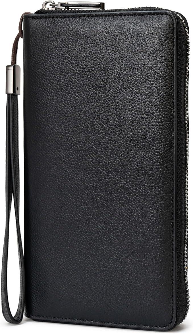 Women's Genuine Leather RFID Blocking Zip Around Wallet with Phone Pocket Large Capacity Travel Wristlet (Black)