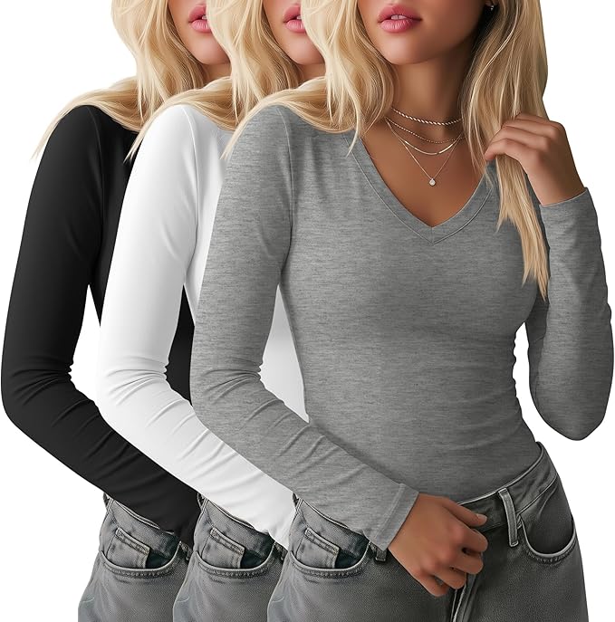 Ficerd 3 Pack Women's Long Sleeve Shirts, V Neck Basic Tees Slim Fitted Casual Fall Tops Going Out Blouses T Shirts
