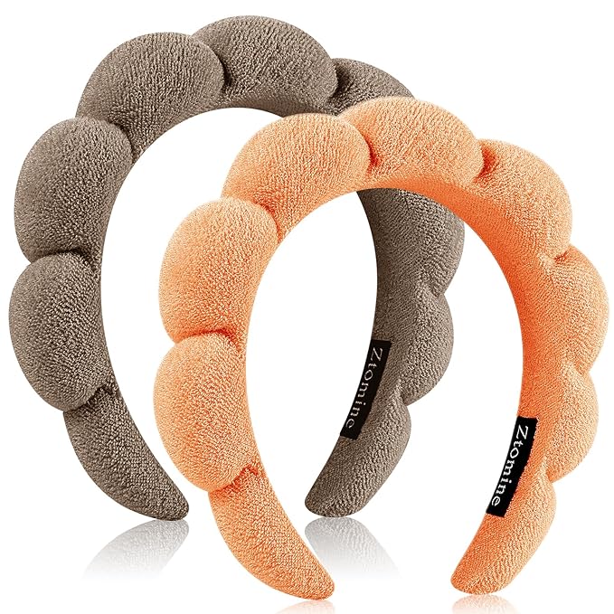 Terry Cloth Spa Headbands for Washing Face, Set of 2, Dark Khaki + Orange, Absorbent, Soft, Comfortable, Makeup Headbands for Face Washing, Mask