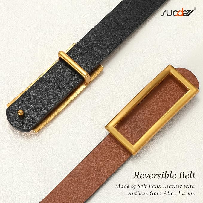 SUOSDEY Women Reversible Leather Belts for Jeans Pants Dresses Ladies Fashion Belts with Gold Buckle, 0.9" Width