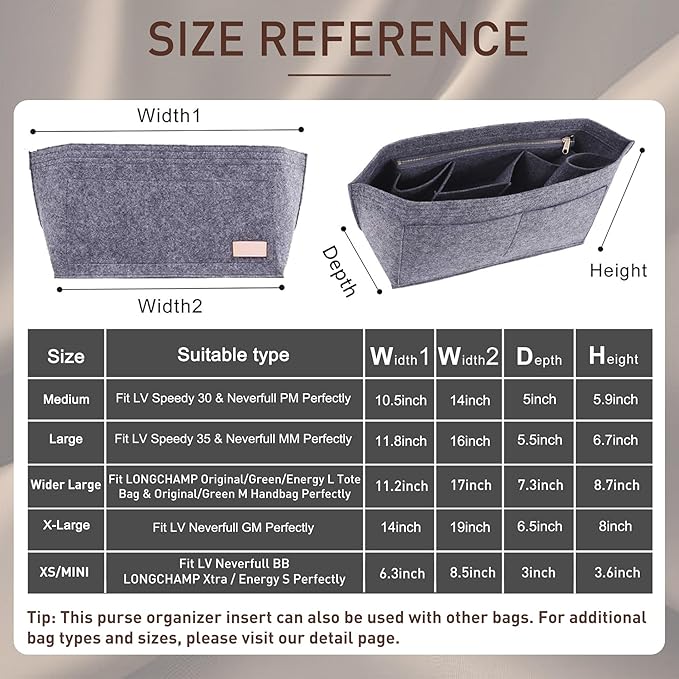 Doxo Purse Organizer Insert Handbag&Tote Felt with Bag Fits for Speedy and Neverfull & Base Shaper 2pc Set (Large- Gray-Combination)