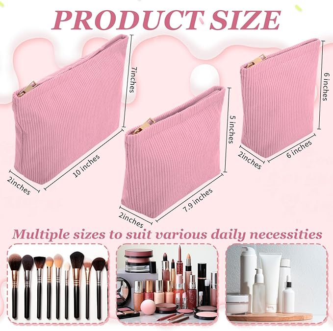 Sanwuta 3 Pack Corduroy Makeup Bag Set Cosmetic Toiletry Travel Pouch Organizer Velvet Makeup Bag for Women Large Pouch Zipper Purse Make up Organizer, Women Girls Gift(Peach Pink)