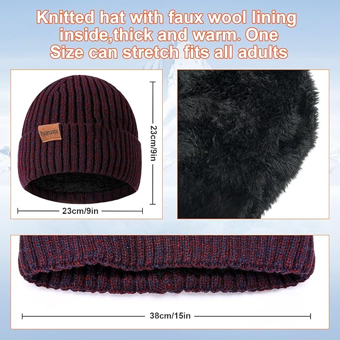 3PCS Winter Beanie Hat Scarf Touchscreen Gloves Set for Men and Women, Knitted Fleece Lined Hats Thermal Gloves Long Scarf