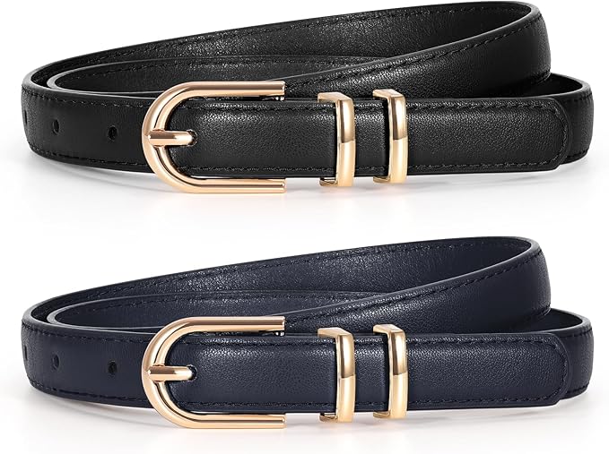 2 Pack Women Skinny Leather Belts for Jeans Pants Thin Faux Leather Belt with Gold Buckle