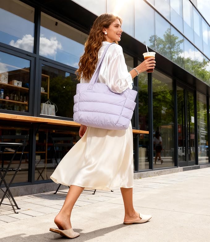 Puffer Tote Bag for Women, Cute Quilted Carryall with Zippered Compartments Shoulder Bag Handbag for Work, Travel, Gym
