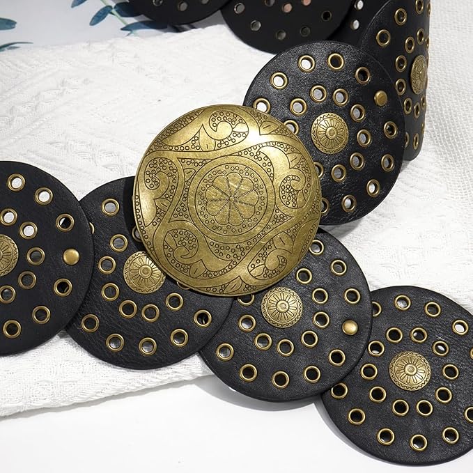 Wide Disc Belt for Women Vintage Hollow Boho Leather Belt Western Chunky Waist Belt Cowboy Metal Buckle Concho Belts
