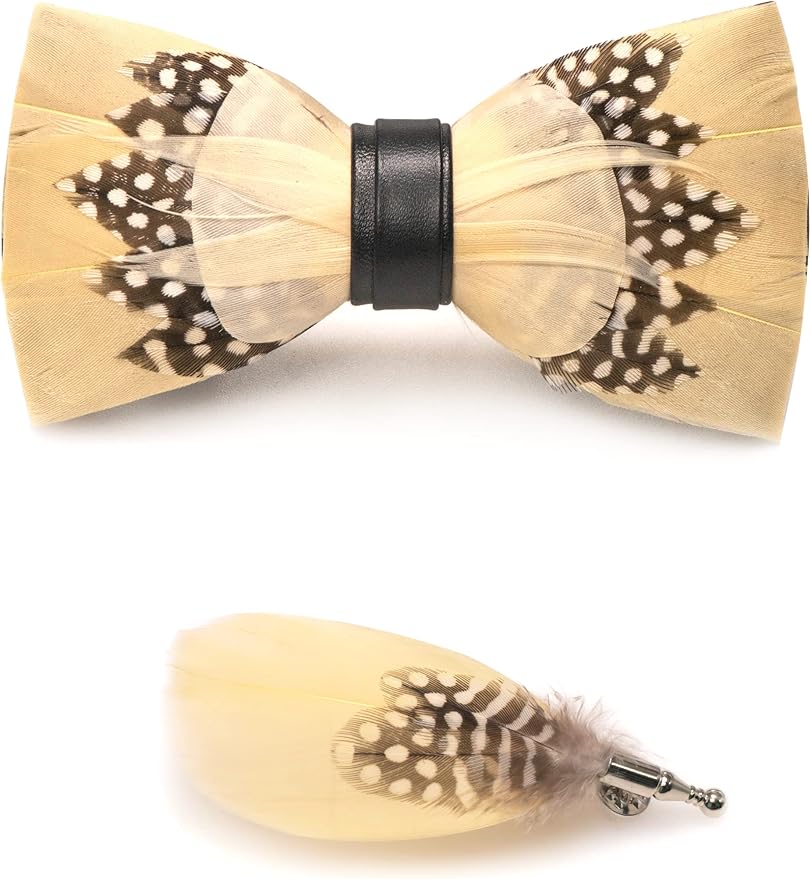 RBOCOTT Handmade Feather Pre-tied Bow tie and Brooch Sets for Men
