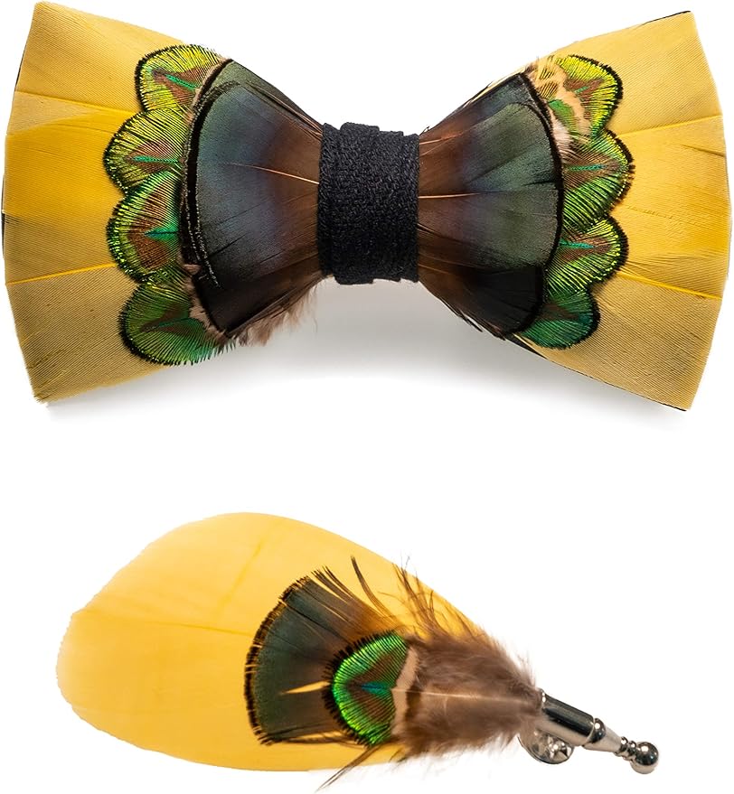 RBOCOTT Handmade Feather Pre-tied Bow tie and Brooch Sets for Men