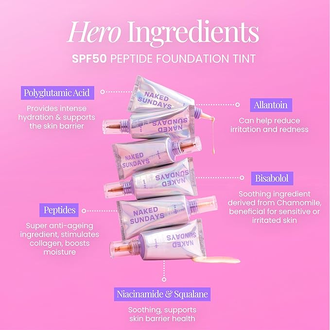 Naked Sundays BeautyScreen™ SPF 50 Peptide Foundation Tint – Tinted Sunscreen & Skincare Makeup with Zinc Oxide, Niacinamide – Lightweight Natural Coverage, 2 Fair Sand, 1.01 oz