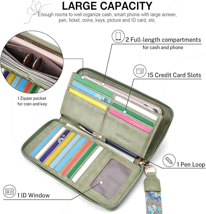 RFID Wallet Women, Large Capacity Butterfly Cell Phone Clutch Purses Ladies Wristlet Wallets for Women