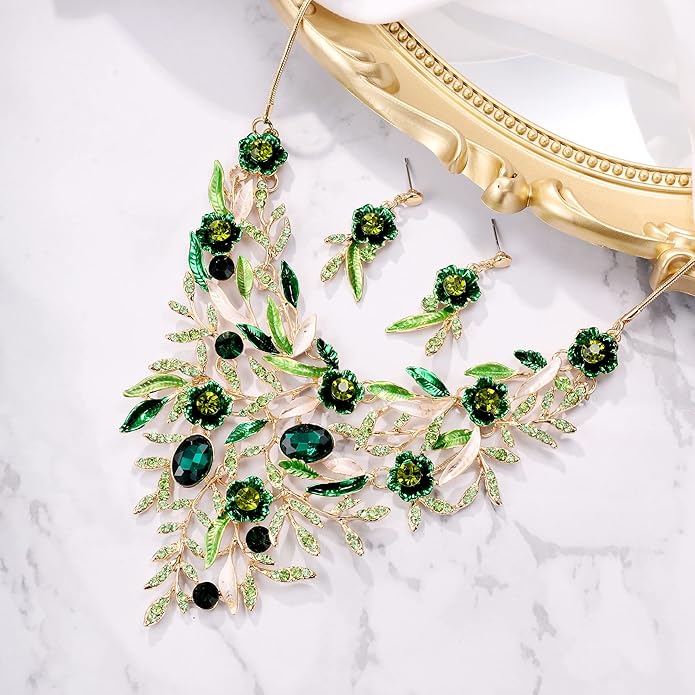 BriLove Wedding Bridal Leaf Cluster Jewelry Set for Women Crystal Flower Enamel Statement Necklace Dangle Earrings