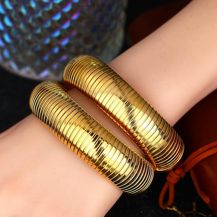 MISS RIGHT Gold Chunky Stretch Snake Chain Bangle Bracelets Stack for Women Trendy, 18K Gold Filled Stainless Steel Stretchy Womens Stackable Wristband Bangles Bracelet Set