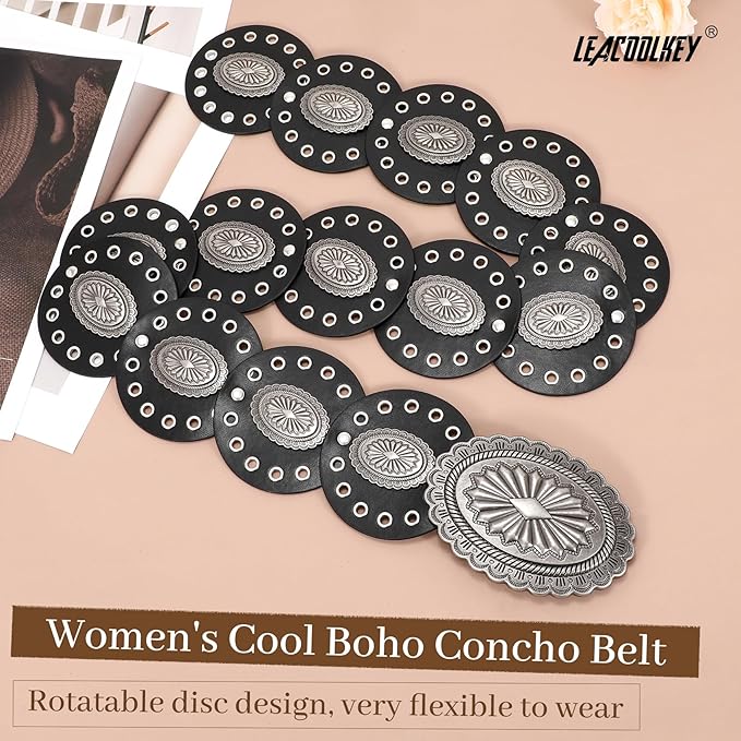 LEACOOLKEY Women's Boho Disc Belt Wide Western Leather Belt Vintage Concho Waist Belts for Dress Jeans