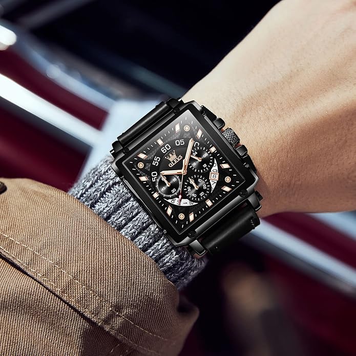 OLEVS Men's Casual Leather Watch, Big Face Chronograph Watch for Men, Fashion Easy to Read Dress Watch, Men's Waterproof Luminous Date Analog Watch, Gold/Black/White/Blue Dial