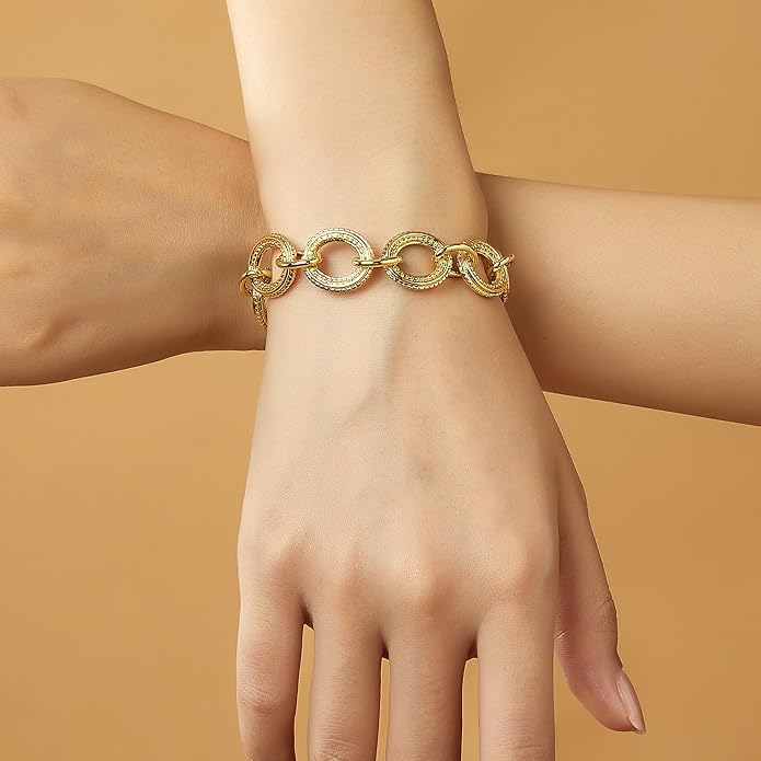 Mytys Chunky Chain Link Bracelet Two-Tone Mixed Metal Textured Toggle Clasp Statement Bangle Bracelet Jewelry for Women Fashion