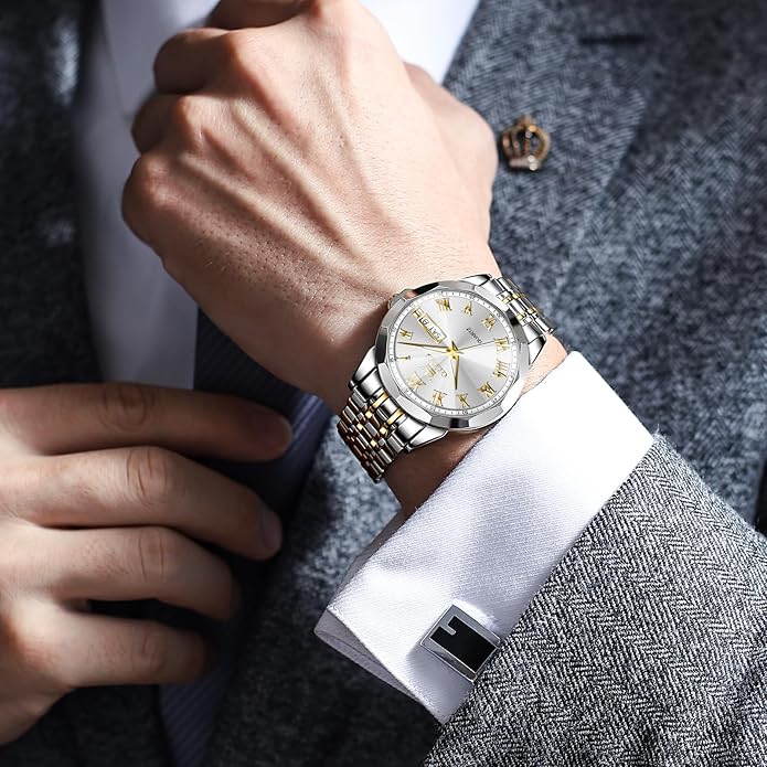 OLEVS Classic Men Watches with Date,Stainless Steel Man Watch with Date, Bussiness Watches for Men,Luminous Quartz Mens Watches Black/White/Blue/Gold, Waterproof Male Watch with Week