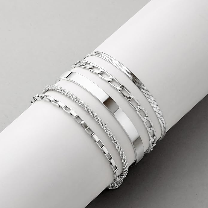 Dainty Thin Gold Bracelet for Women Stack, 14K Gold Plated Bracelet Stackable Set with Bangle Cuff, Box, Herringbone, Paperclip, Figaro, Sparkling Link Chains, Simple Waterproof Non Tarnish Minimalist Gifts for Women Trendy