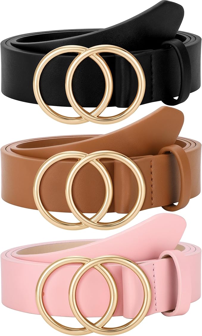 SUOSDEY Women Leather Belt Fashion Double O-Ring Soft Faux Leather Waist Belts For Jeans Dress
