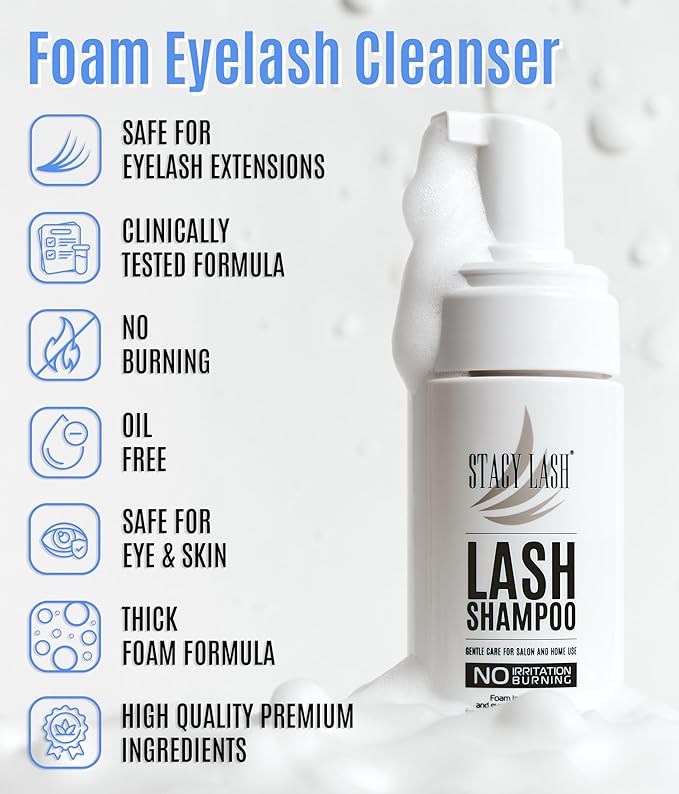 STACY LASH Shampoo 50ml Cleaning Kit of Eye Makeup Remover (Foam Cleanser) & Shampoo Brush & Mascara Brush Bundle with Eyelash Serum 5ml for Lash Growth and Thickness