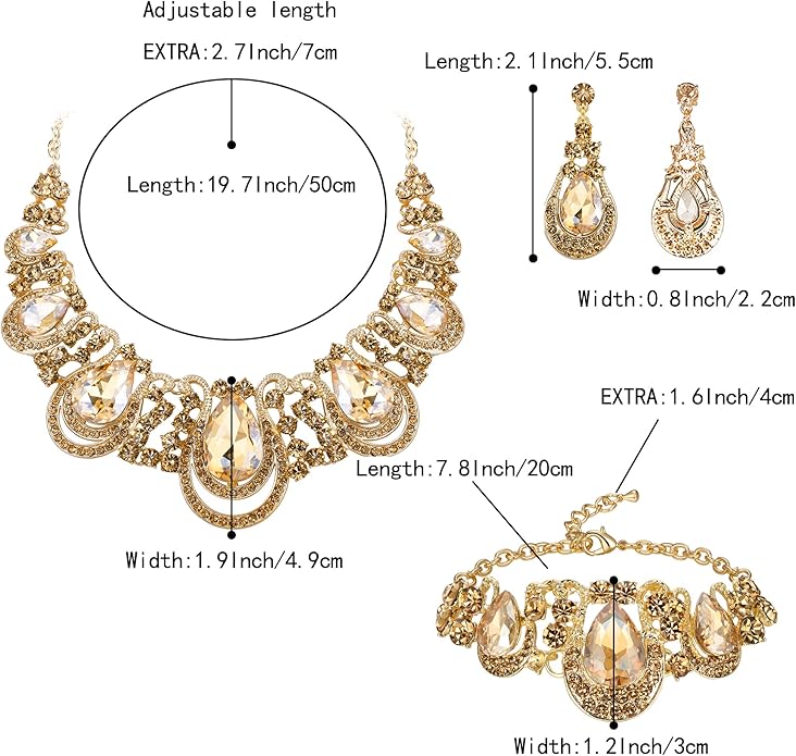 BriLove Women's Teardrop Crystal Statement Necklace Cluster Hollow Dangle Earrings Chain Bracelet Bib Jewellery Set for Wedding Bride Bridesmaid