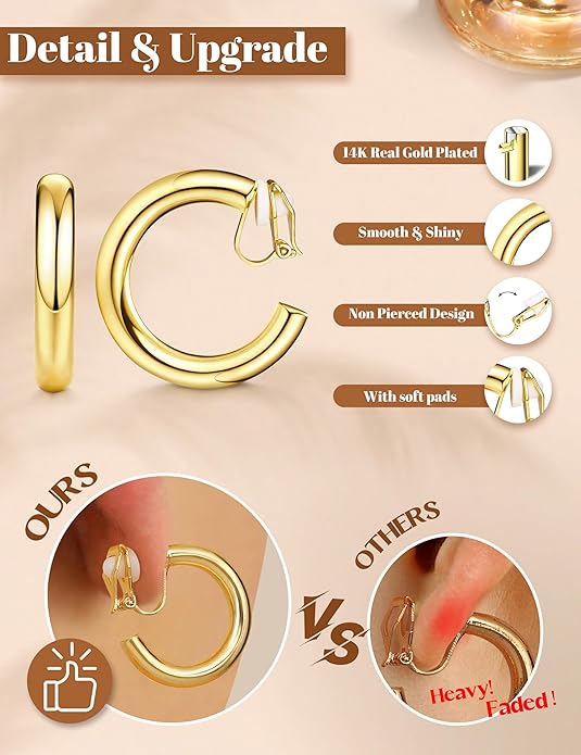 BESTEEL 3Pairs Clip on Earrings for Women Trendy Hypoallergenic 14K Gold Plated Chunky Tube Croissant Waterdrop Clip-on Hoop Earrings Set Fake Jewelry Non Pierced Ears