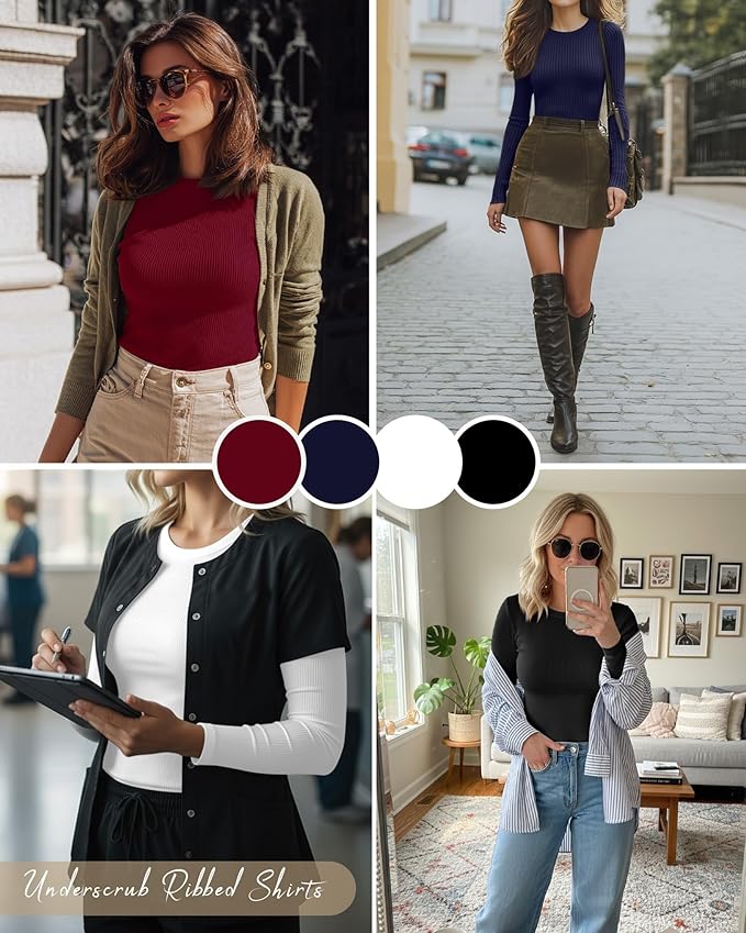 Neer 4 Pack Women's Ribbed Long Sleeve Shirts, Cotton Crew Neck Slim Fit Tops Stretch Knit Casual Base Layer Basic Tee Shirts