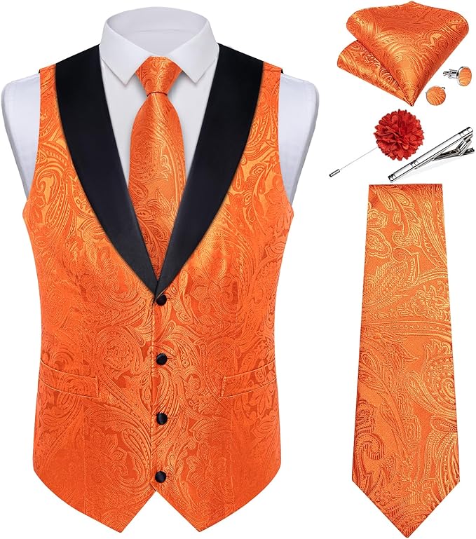 DiBanGu Mens Paisley Suit Vest Silk Jacquard Waistcoat and Necktie Set Formal Shawl Collar Dress Vest 7PCS for Wedding Party