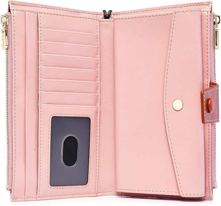 ANDOILT Wallet Women RFID Blocking Genuine Leather Bifold Multi Card Organizer Wristlet Purse Cell Phone Handbag