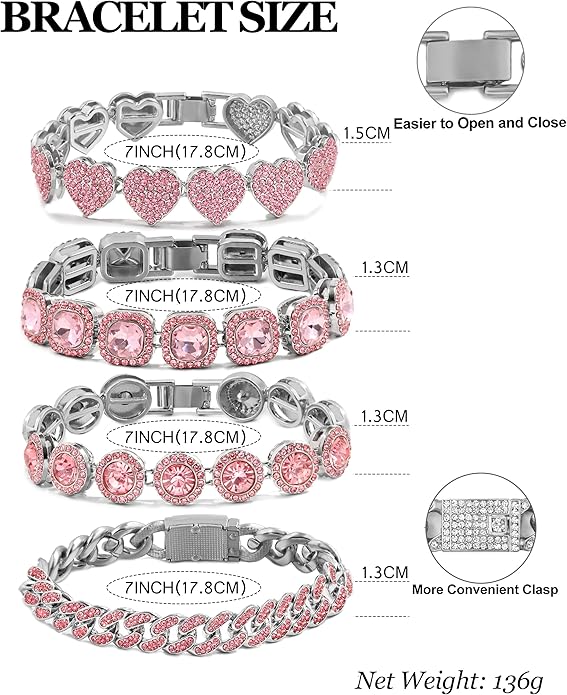 4PCS Gold Bracelets for Women Silver Clustered Tennis Bracelet for Women Heart Round Diamond Cuban Bracelet Layered Link Bracelet Set Fashion Jewelry for Women Set