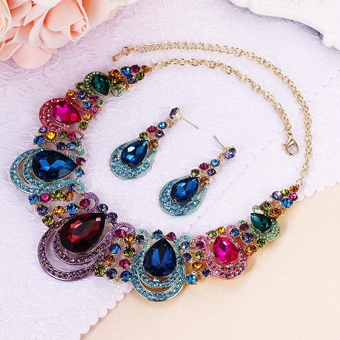 BriLove Women's Costume Fashion Crystal Teardrop Hollow Scroll Statement Necklace Dangle Earrings Set