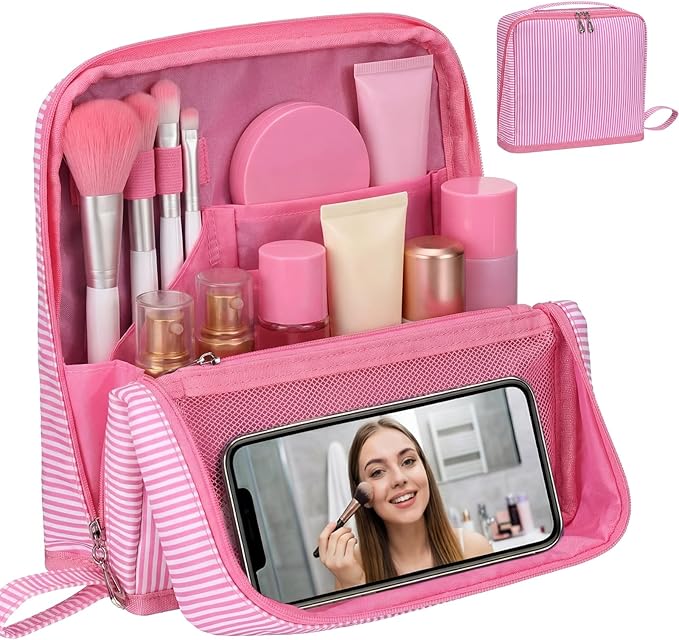 Striped Makeup Bag Large Cosmetic Bags for Women Gift with Brush Loops Mesh Pocket Wrist Strap Travel Organizer Storage Pouch Toiletry Case with Divider for Mirror(Pink)