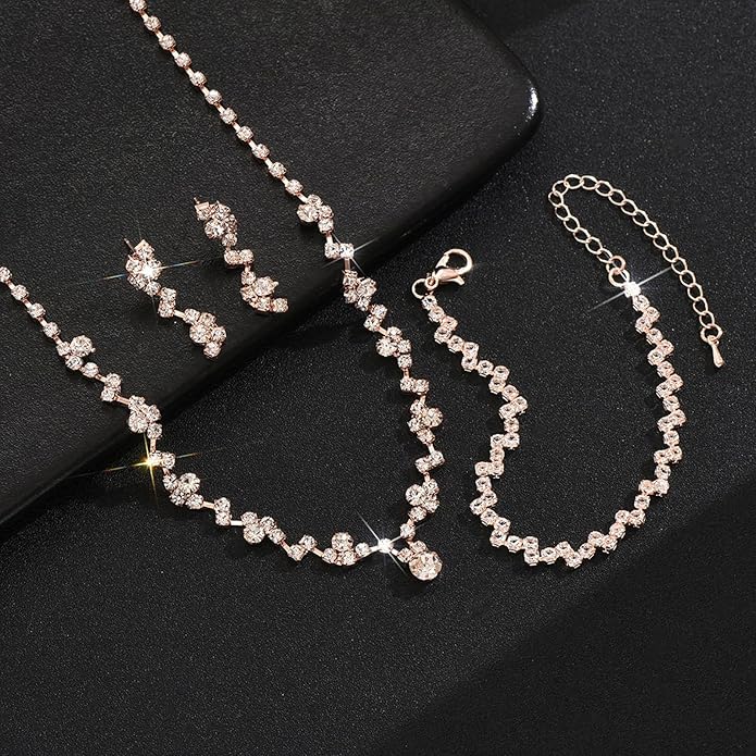 Wedding Jewelry Sets for Brides Silver Rhinestone Necklaces Earring Bracelet Set Wedding Sets for Women Prom Jewelry Sets for Women