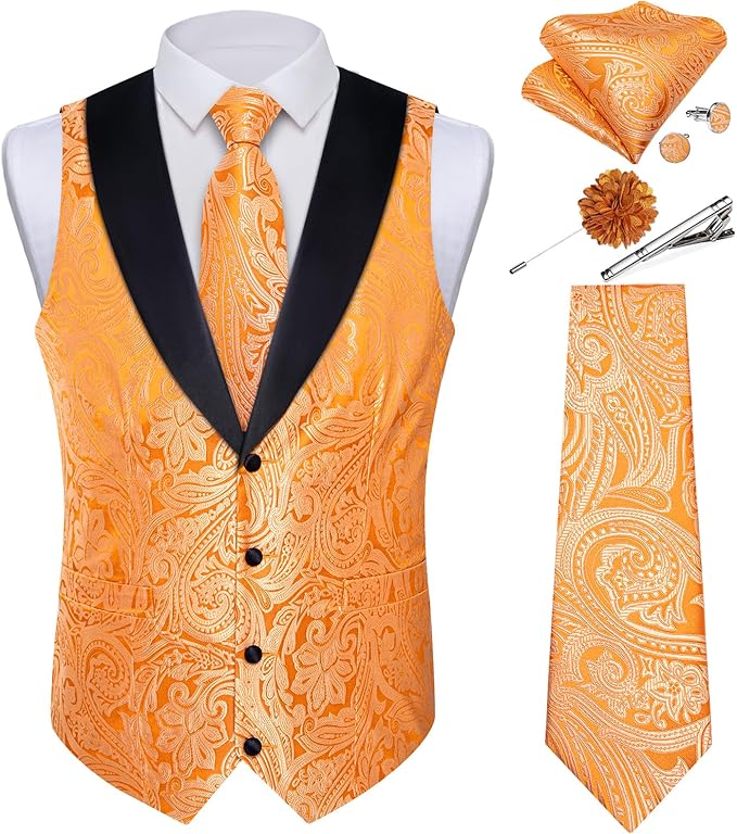 DiBanGu Mens Paisley Suit Vest Silk Jacquard Waistcoat and Necktie Set Formal Shawl Collar Dress Vest 7PCS for Wedding Party