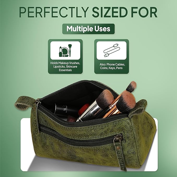 Leather Makeup Bag Small Cosmetics Case for Purse Multipurpose Zippered Pouch for Travel Compact Leather Stationary Organizer Pencil Pouch Gift for Everyday Use