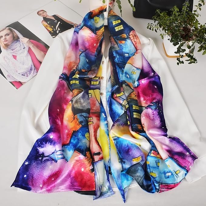 100% Mulberry Silk Scarf for Women Neck Oblong Headscarves Long Floral Print Lightweight Silk Wraps Shawls 67"*20"