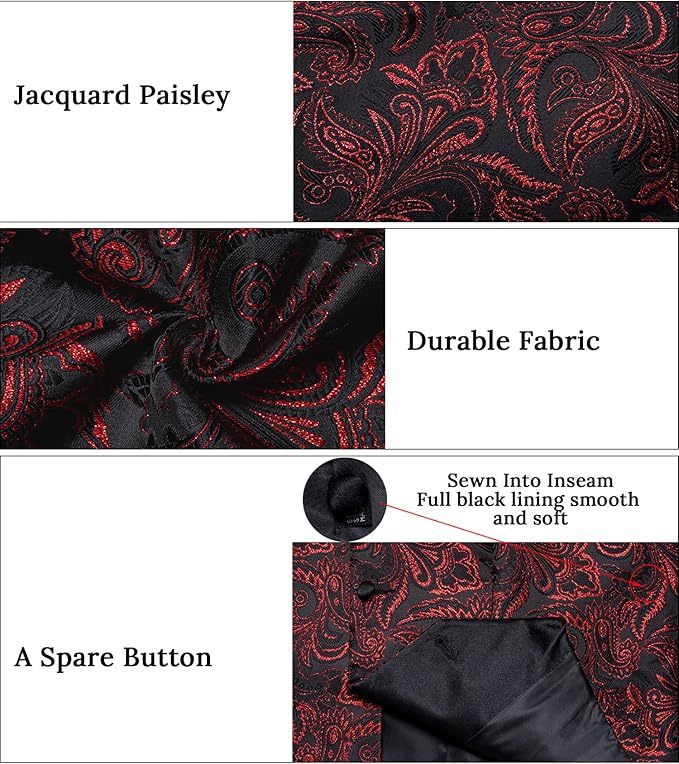 DiBanGu Mens Paisley Suit Vest Silk Jacquard Waistcoat and Necktie Set Formal Shawl Collar Dress Vest 7PCS for Wedding Party
