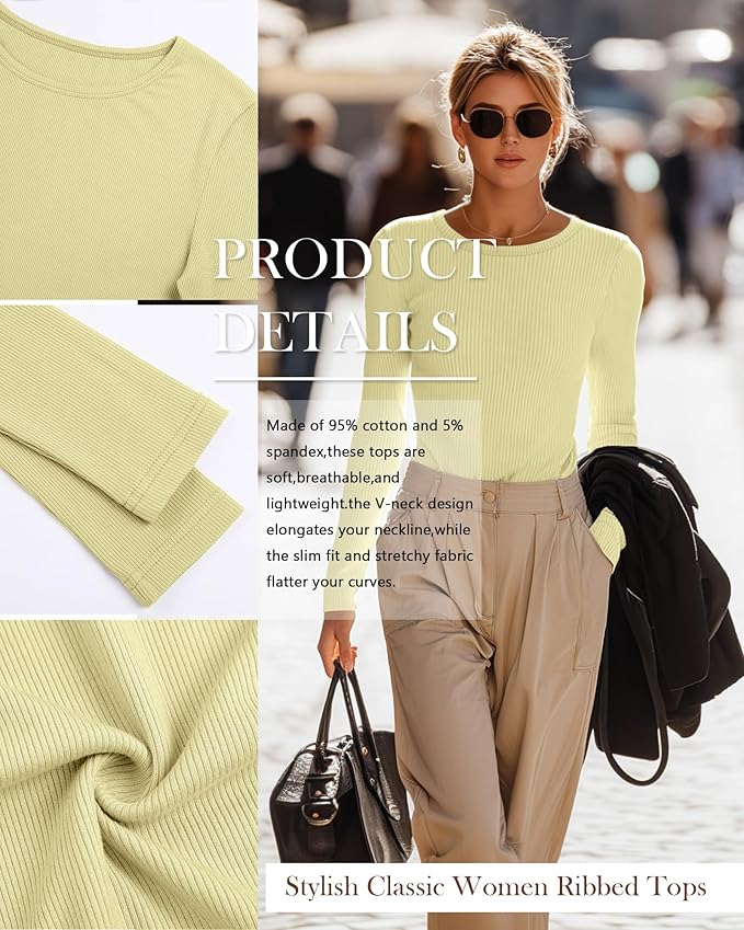 Neer 4 Pack Women's Ribbed Long Sleeve Shirts, Cotton Crew Neck Slim Fit Tops Stretch Knit Casual Base Layer Basic Tee Shirts