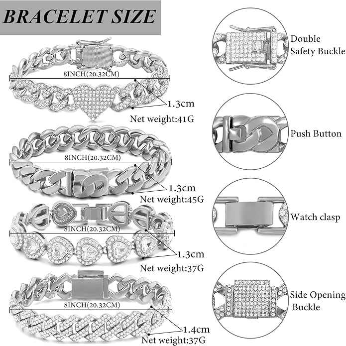 4PCS Gold Bracelets for Women Silver Clustered Tennis Bracelet for Women Heart Round Diamond Cuban Bracelet Layered Link Bracelet Set Fashion Jewelry for Women Set