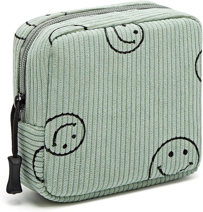 Small Makeup Bag for Purse,Mini Cosmetics Bag cute Zipper corduroy Cosmetic Pouch Storage Pouch Travel Toiletry Organizer for Women Girls(Smiley Face,Green)