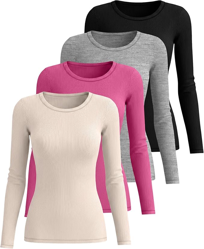 Neer 4 Pack Women's Ribbed Long Sleeve Shirts, Cotton Crew Neck Slim Fit Tops Stretch Knit Casual Base Layer Basic Tee Shirts