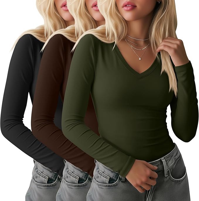 Ficerd 3 Pack Women's Long Sleeve Shirts, V Neck Basic Tees Slim Fitted Casual Fall Tops Going Out Blouses T Shirts