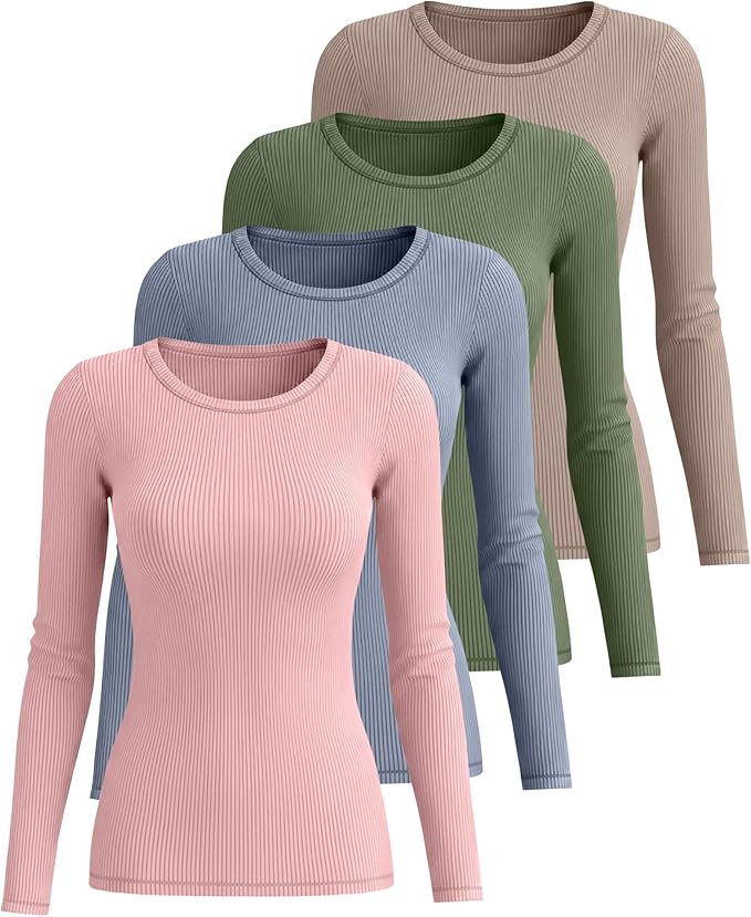 Neer 4 Pack Women's Ribbed Long Sleeve Shirts, Cotton Crew Neck Slim Fit Tops Stretch Knit Casual Base Layer Basic Tee Shirts