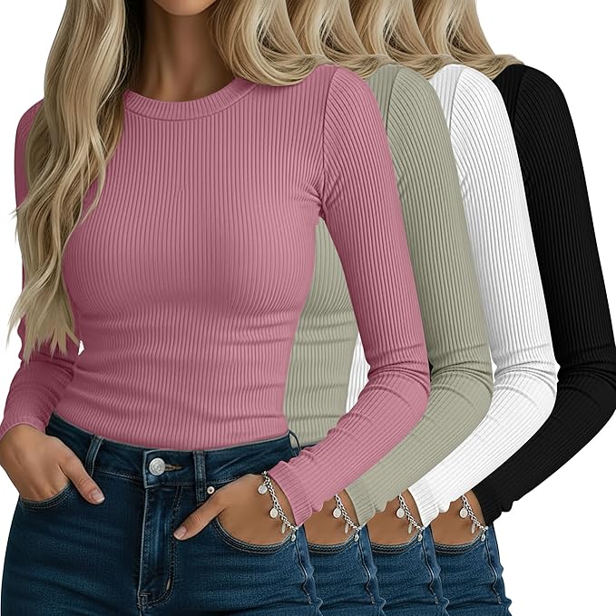 Neer 4 Pack Women's Ribbed Long Sleeve Shirts, Cotton Crew Neck Slim Fit Tops Stretch Knit Casual Base Layer Basic Tee Shirts