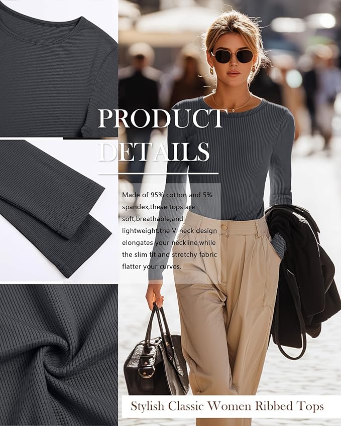 Neer 4 Pack Women's Ribbed Long Sleeve Shirts, Cotton Crew Neck Slim Fit Tops Stretch Knit Casual Base Layer Basic Tee Shirts