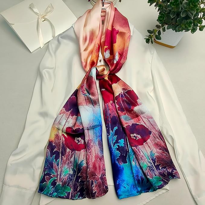 100% Mulberry Silk Scarf for Women Neck Oblong Headscarves Long Floral Print Lightweight Silk Wraps Shawls 67"*20"