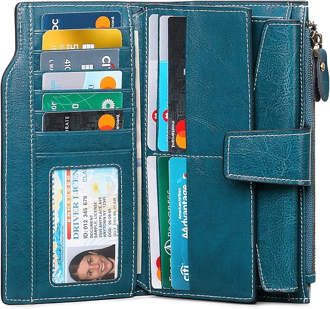Women's Retro Long Wallet Genuine Leather RFID Blocking Large Capacity Clutch Purse in Brown (Blue)