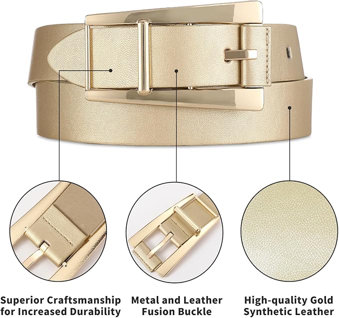 Women Casual Leather Gold Belt for Jeans Pants, Fashion Ladies Girls Gold Faux Leather Waist Belt