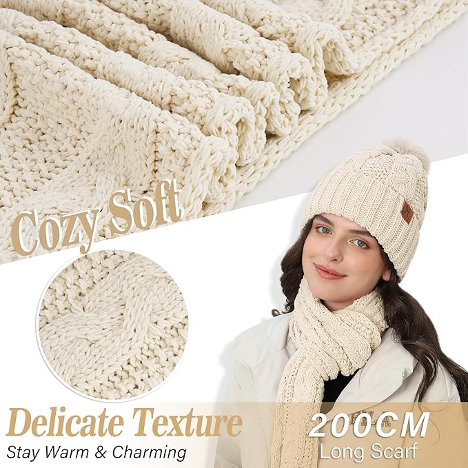 Womens Winter Beanie Hats Scarf Touchscreen Gloves Set Chenille Knit Fleece Lined Beanies Pompom Hat Scarves