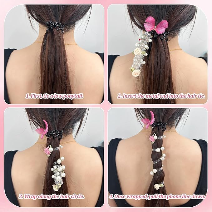 4PC Pearl Butterfly Telephone Wire Hair Ties – Spiral Elastic Bubble Ponytail Hair Bands for Women & Girls, No Damage, Soft & Stretchy Hair Accessories for High Ponytails and Braids(set-C)