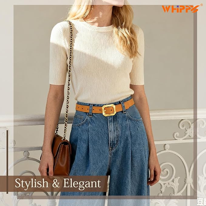 WHIPPY Women's Leather Belts with Gold Buckle Casual Fashion Ladies Waist Belts for Jeans Pants Dresses